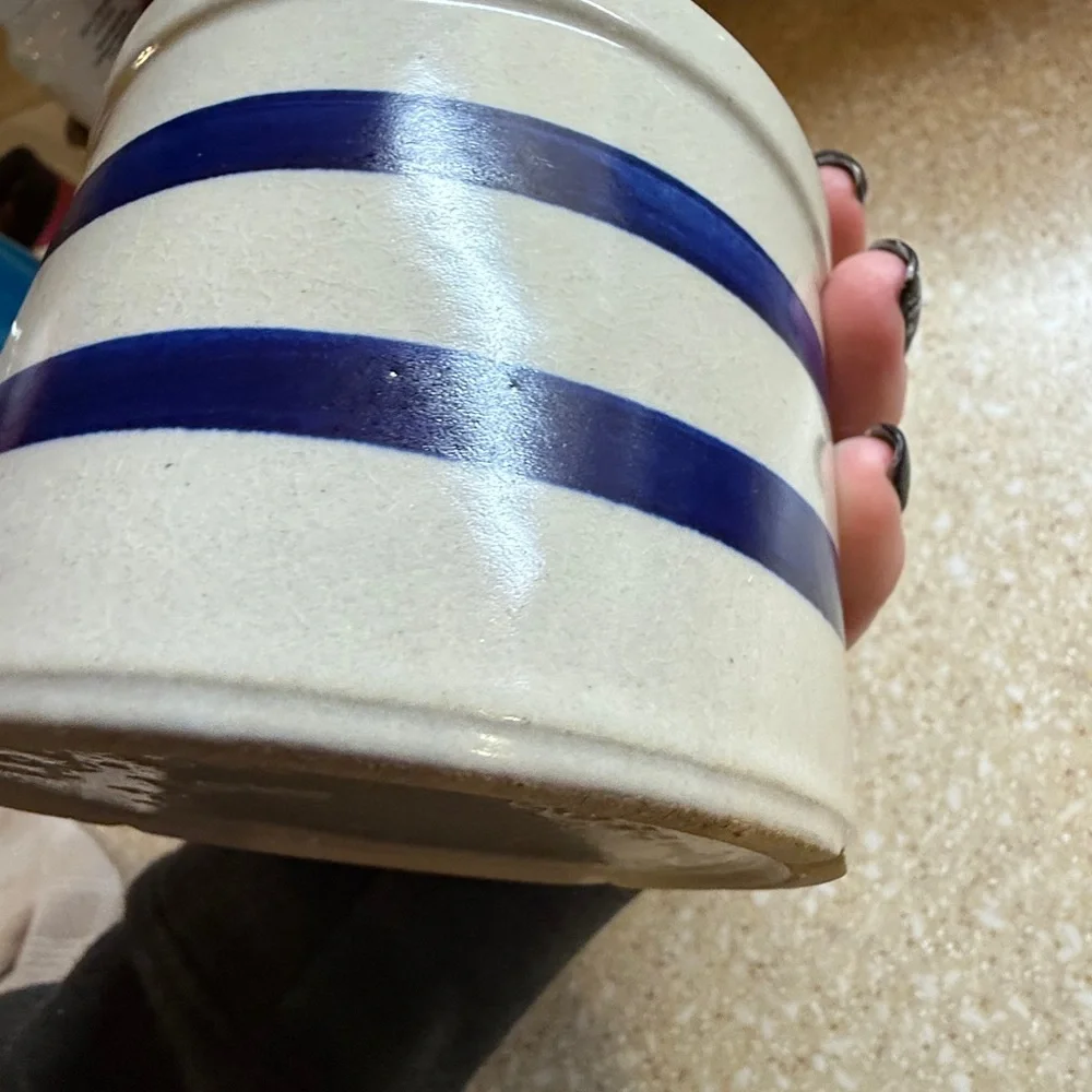 Vintage Crock Roseville Robinson Ransbottom Blue 1 Quart Low Striped Ceramic Pot - Picture 14 of 16